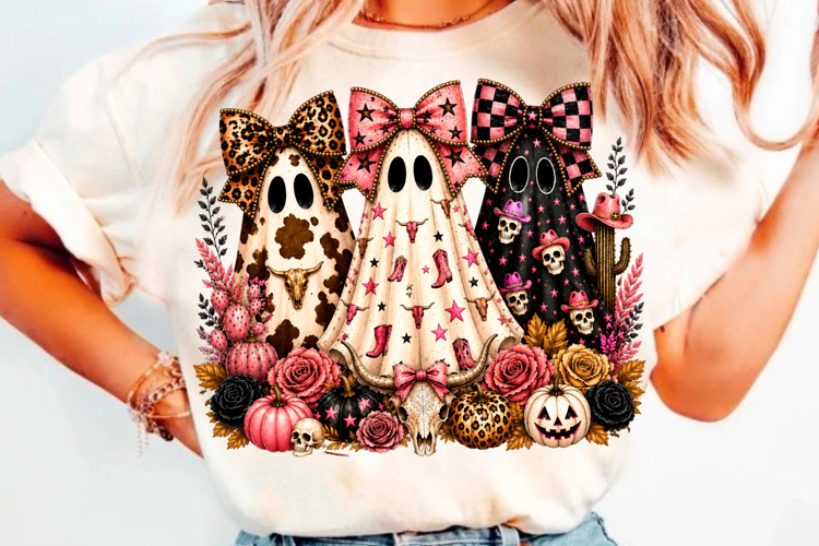 Pink western Halloween ghost trio with bows, pumpkins