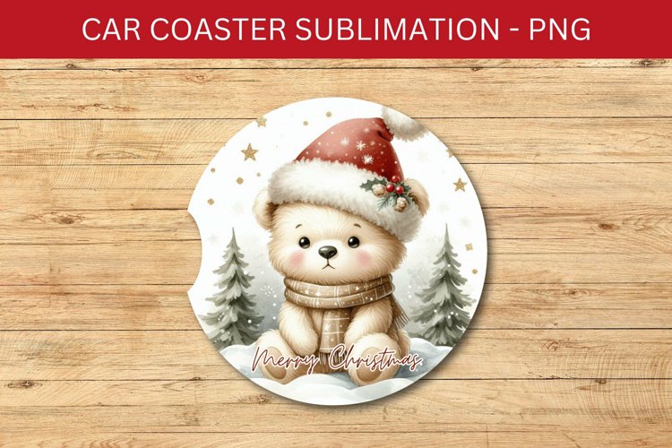 rounded car coaster - baby bear wearing santa hat