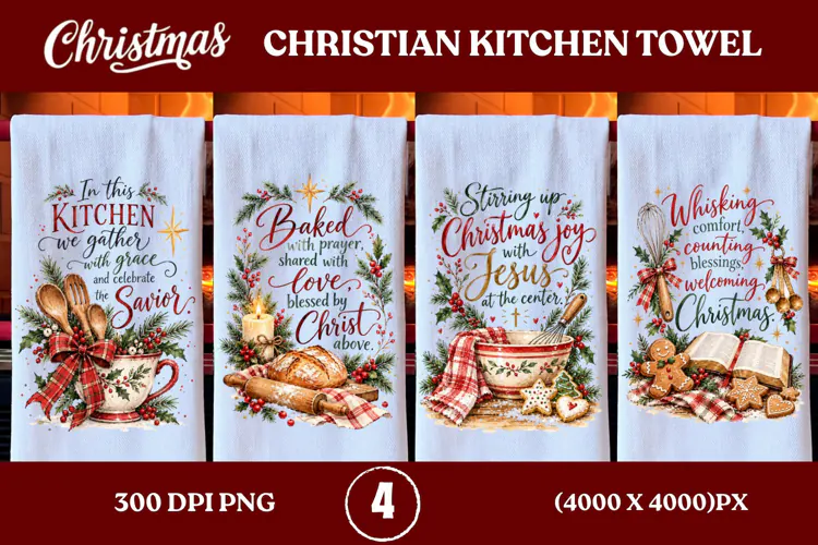 4 Christian Christmas Kitchen Towel PNGs, 4 Jesus Christmas