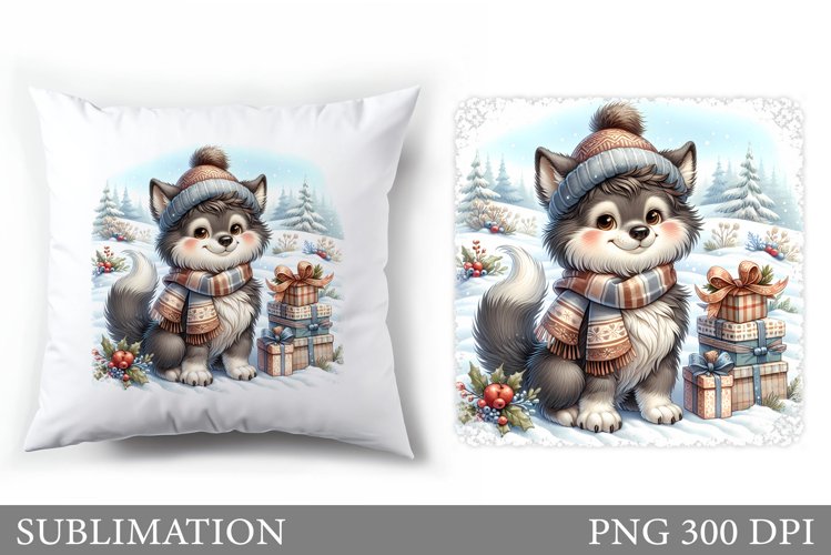 Cute Wolf Pillow Design. Christmas Pillow Sublimation example image 1