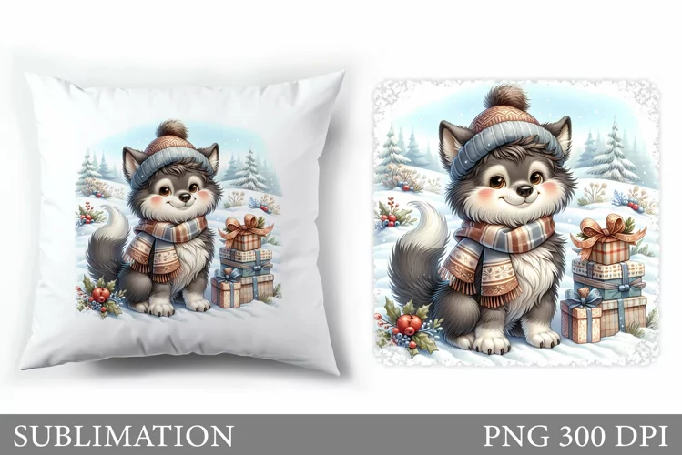 Cute Wolf Pillow Design. Christmas Pillow Sublimation