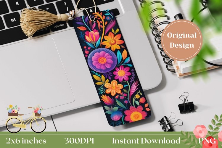 Neon Flowers Bookmark Template, Floral Bookmark Printable example image 1