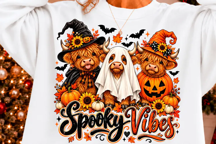 Spooky Vibes Highland Cow Halloween PNG New Year T-shirt Png
