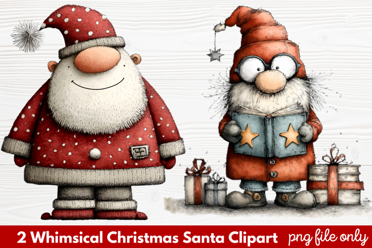 2 Whimsical Christmas Santa Clipart | Cute Santa PNG