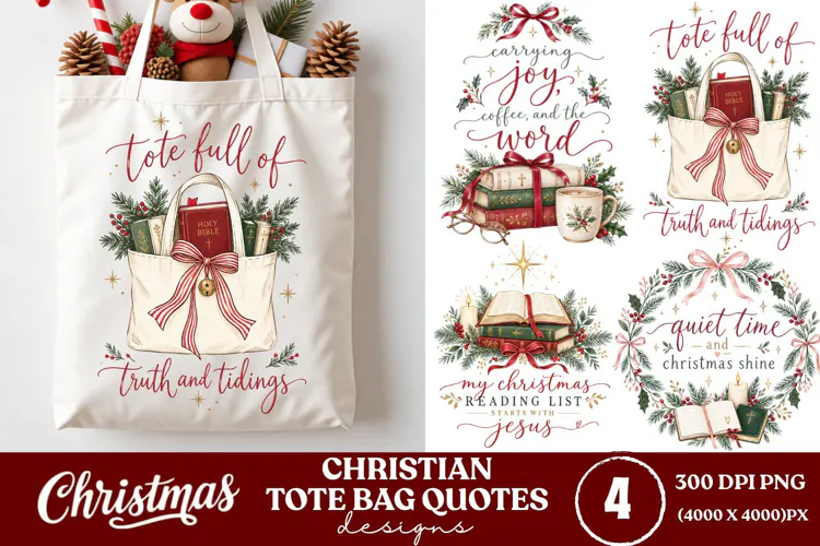 4 Christian Christmas Tote Bag PNGs, 4 Bible Lover Christmas