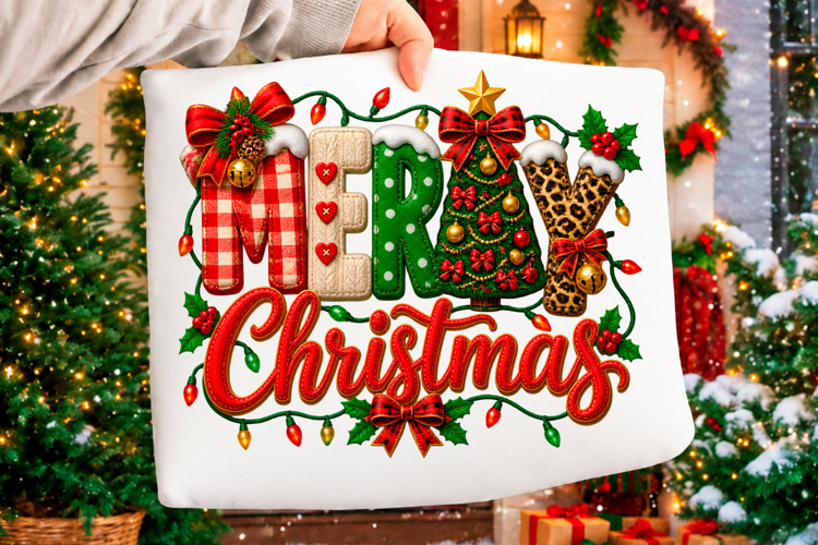 Merry Christmas holiday typography with festive tree
