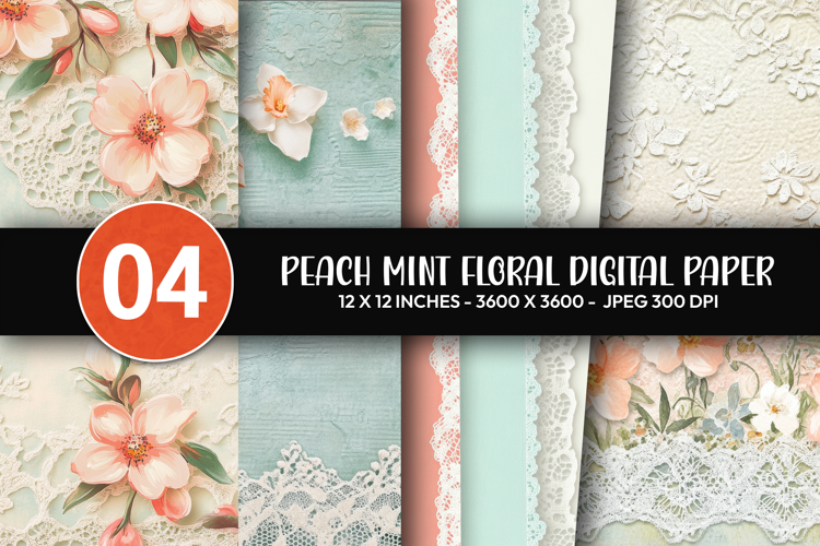 Peach Mint Floral Digital Paper