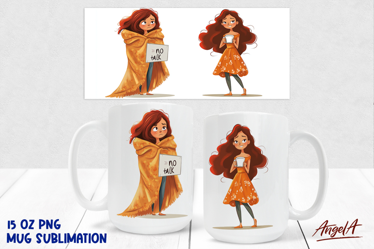 15 Oz Mug sublimation design Cartoon girl drinking coffee