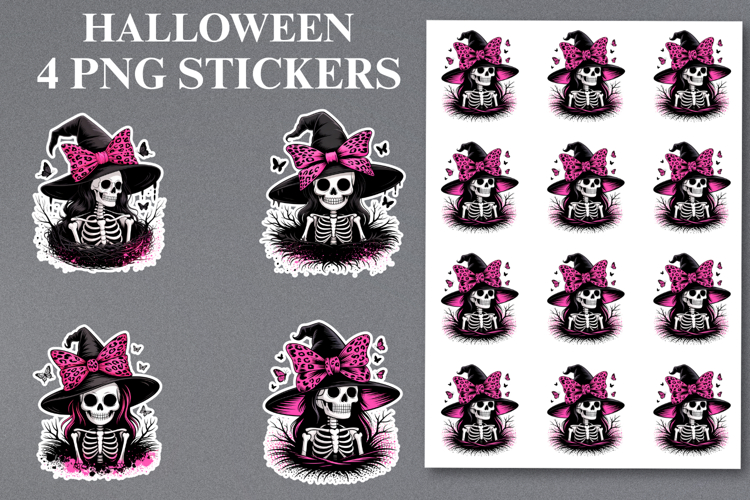 4 Halloween Skeleton Stickers Png | Printable
