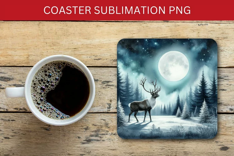 square coaster - night forest with deer