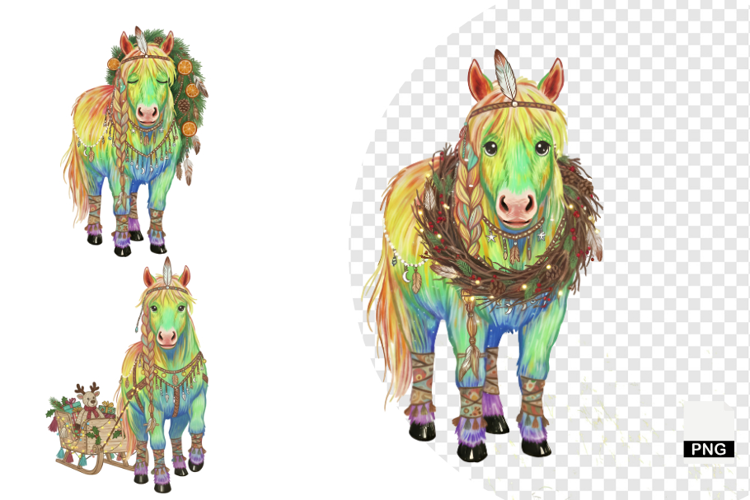 Boho Watercolor Christmas Horse Clipart