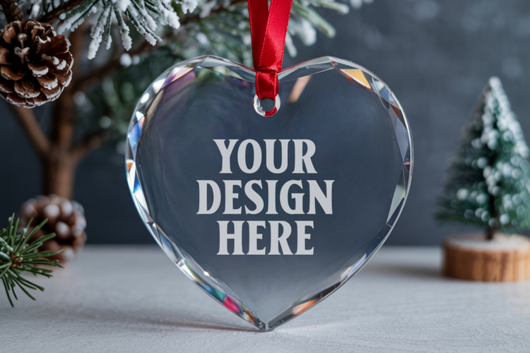 Christmas Heart Crystal Glass Ornament Mockup | Clear Heart