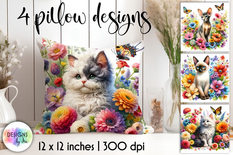 Cats with Flowers Watercolour Pillow Design, Cat Lover Print