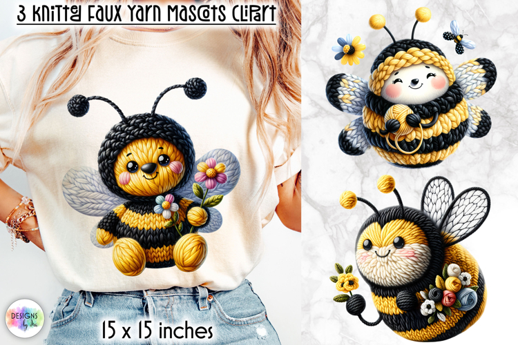 Knitted Bee Clipart, Faux Yarn Plush Bumble Bee Mascot