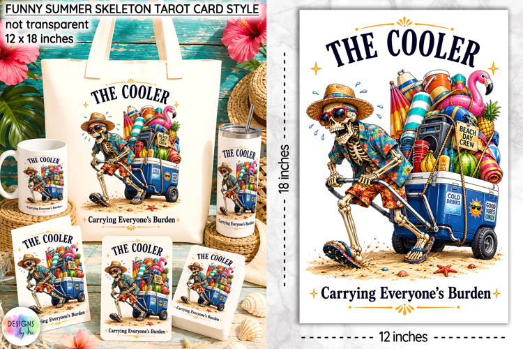 Funny Summer Skeleton Tarot Card Design, Funny Cooler PNG