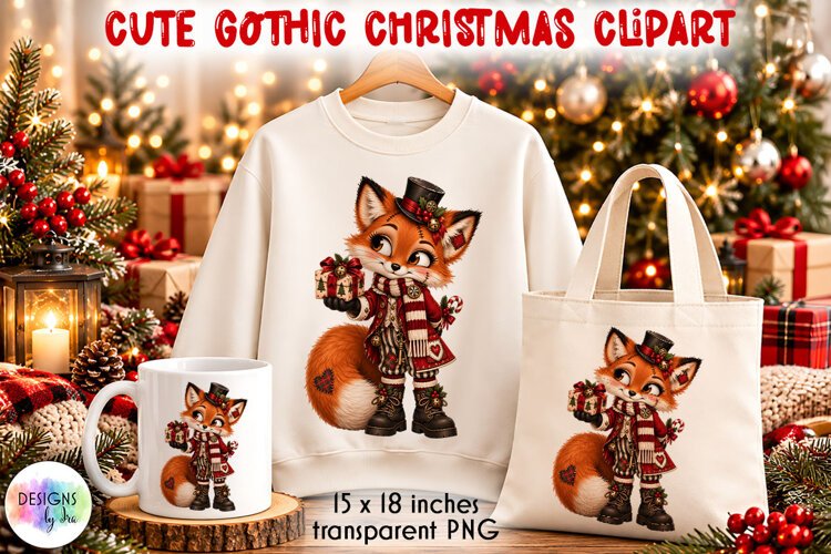 Gothic Christmas Fox in Top Hat PNG Clipart example image 1