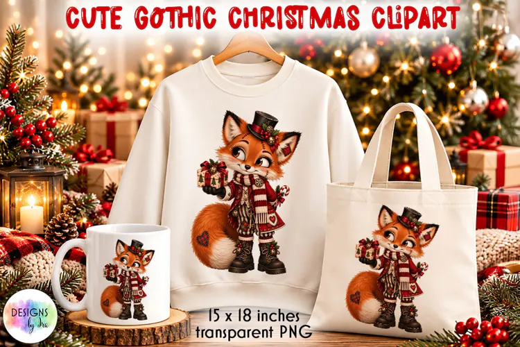Gothic Christmas Fox in Top Hat PNG Clipart