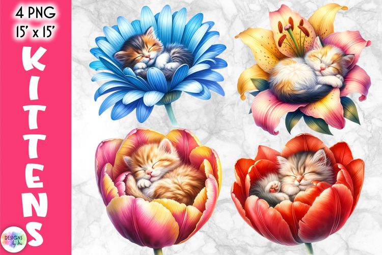 Cute Floral Cat Illustrations, Kittens in Flowers Clipart