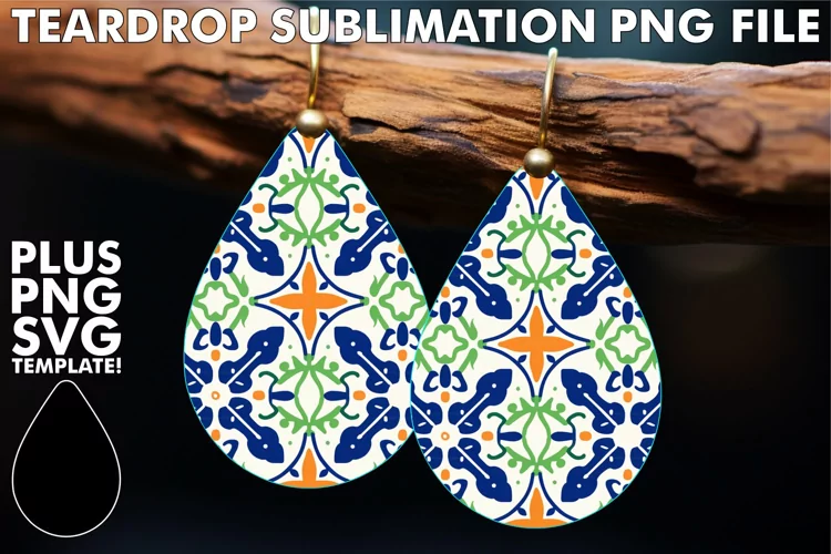 Sublimation Wonders: Portuguese Tile Teardrop Earrings