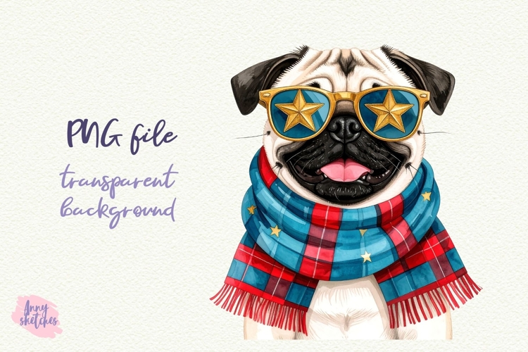 Vintage Christmas Pug Clipart Retro Christmas Dog PNG