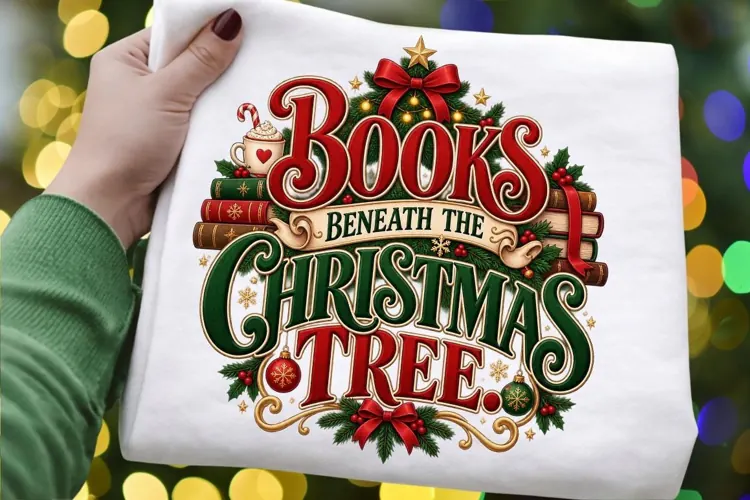 Books Beneath the Christmas Tree PNG, Christmas Book Lover