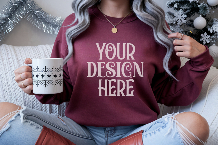 Christmas Gildan 18000 Maroon Crewneck Sweatshirt Mockup
