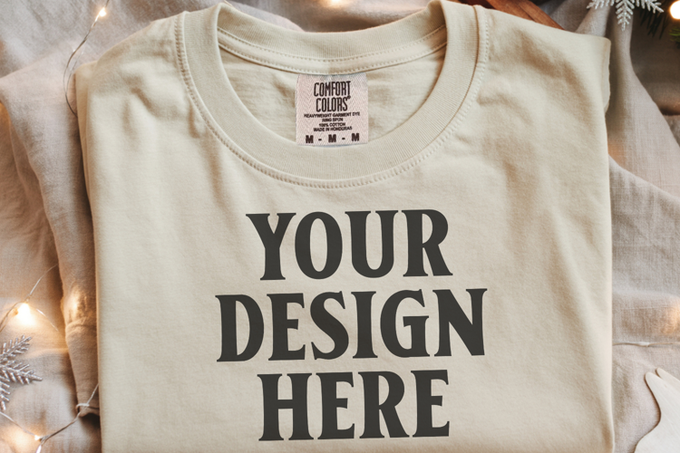 Ivory Comfort Colors 1717 Christmas Folded T-Shirt Mockup