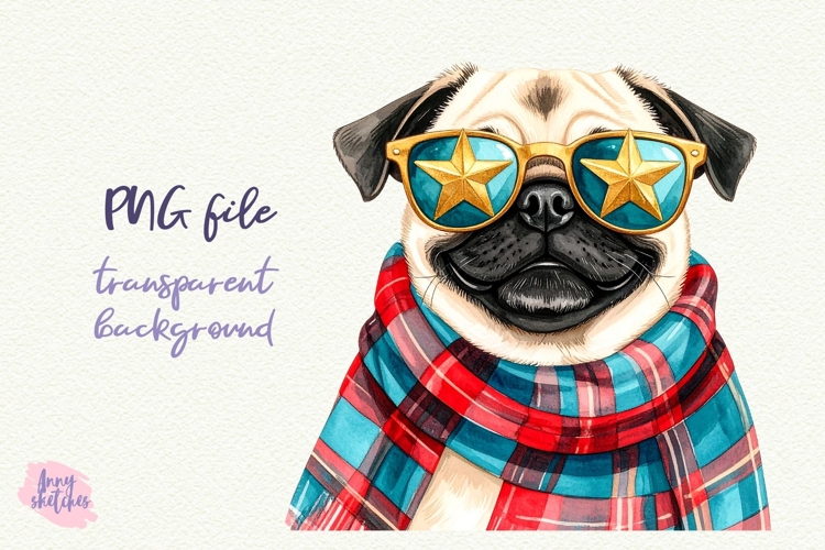 Vintage Christmas Pug Clipart Retro Christmas Dog PNG