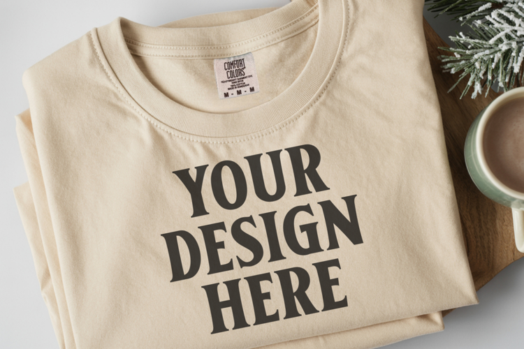 Ivory Comfort Colors 1717 Christmas Folded T-Shirt Mockup