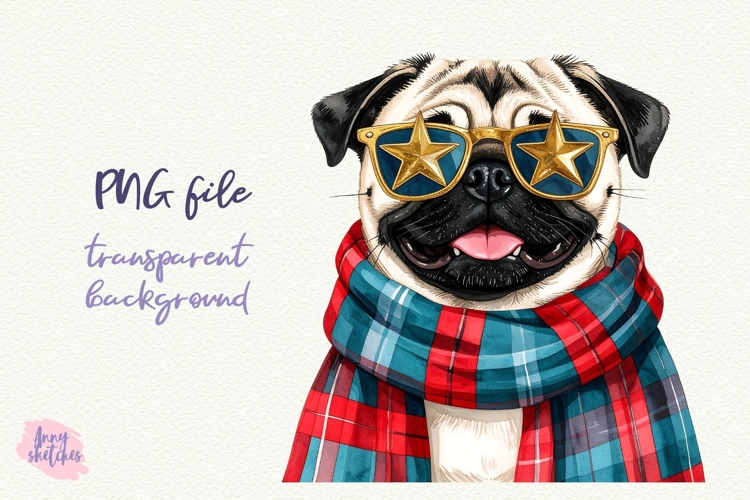 Vintage Christmas Pug Clipart Retro Christmas Dog PNG