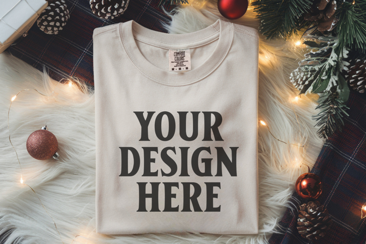 Ivory Comfort Colors 1717 Christmas Folded T-Shirt Mockup