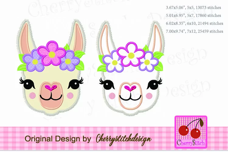 Llama face, flowers llama machine embroidery applique design