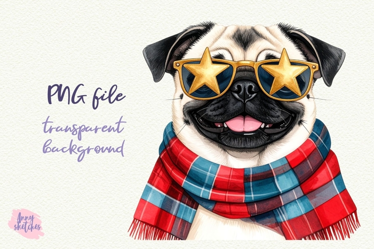 Vintage Christmas Pug Clipart Retro Christmas Dog PNG
