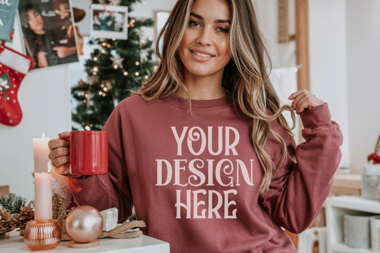 Christmas Gildan 18000 Maroon Crewneck Sweatshirt Mockup