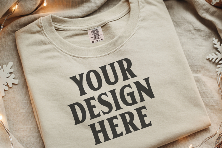 Ivory Comfort Colors 1717 Christmas Folded T-Shirt Mockup