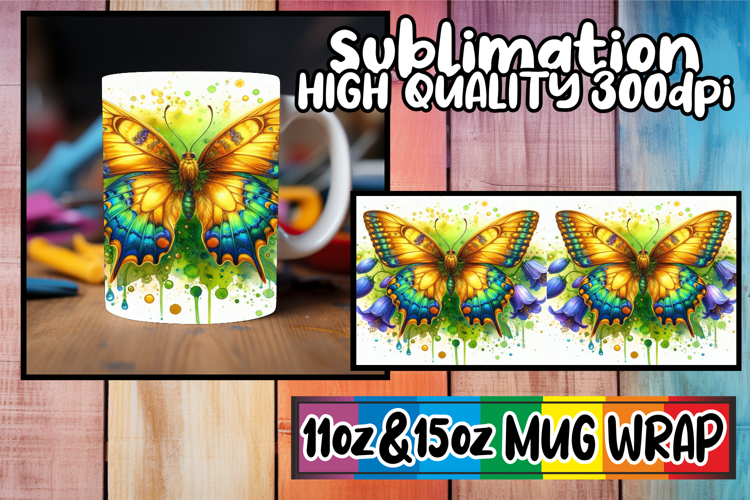 Glowing hearts 11oz 15oz mug wrap, Butterfly