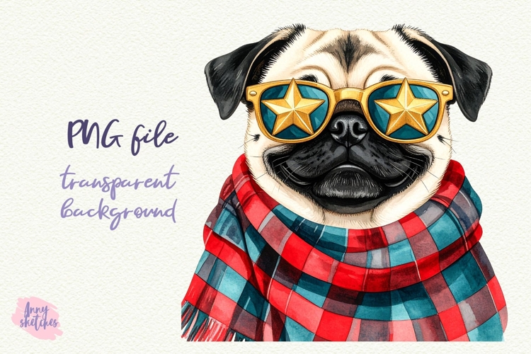 Vintage Christmas Pug Clipart Retro Christmas Dog PNG