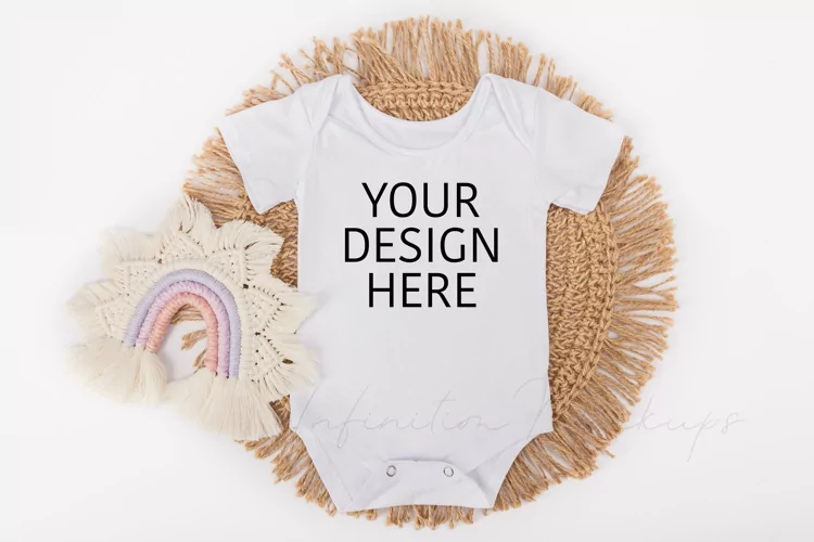 White baby bodysuit mockup flat lay