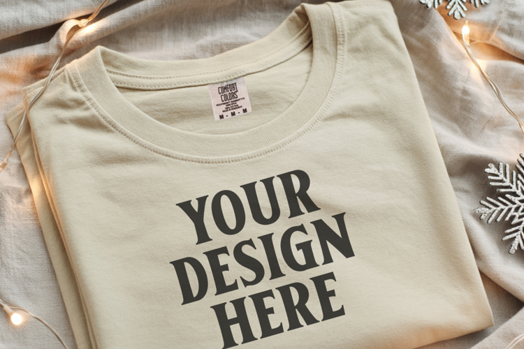 Ivory Comfort Colors 1717 Christmas Folded T-Shirt Mockup