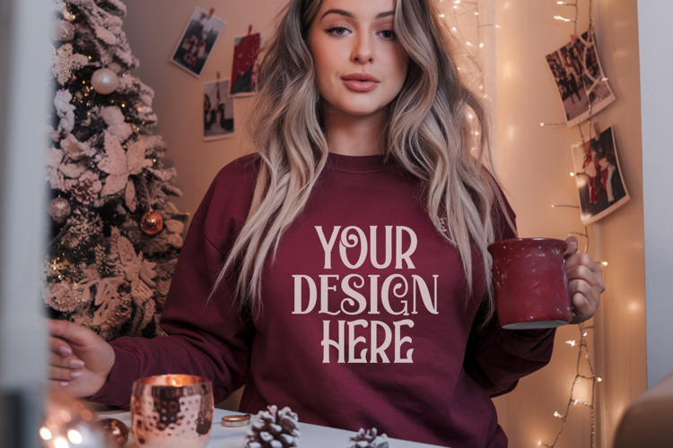 Christmas Gildan 18000 Maroon Crewneck Sweatshirt Mockup