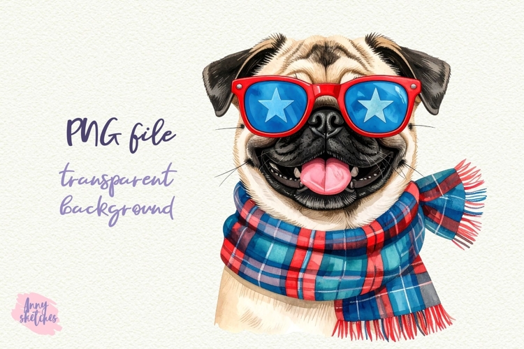 Vintage Christmas Pug Clipart Retro Christmas Dog PNG