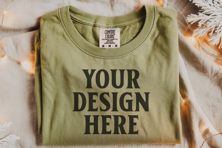 Moss Comfort Colors 1717 Christmas Folded T-Shirt Mockup