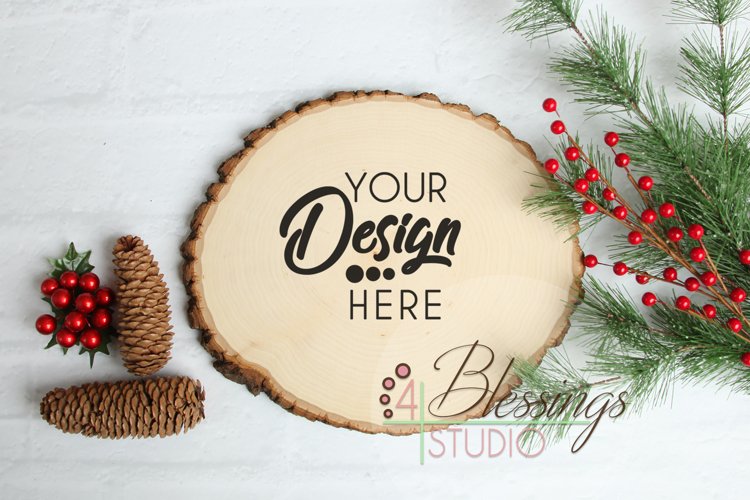Round Wood Slice Sign with Bark Edges Mockup Photo Christmas