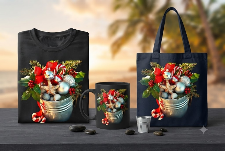 Coastal Christmas Bucket PNG Beach Holiday Decor Clipart