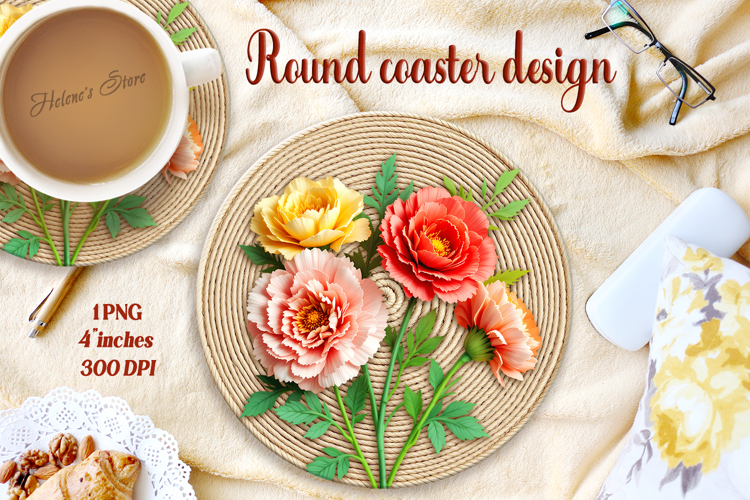 Delicate vintage floral round coaster sublimation design png