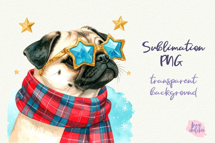 Vintage Christmas Pug Clipart Retro Christmas Dog PNG