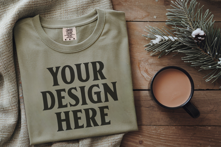 Moss Comfort Colors 1717 Christmas Folded T-Shirt Mockup