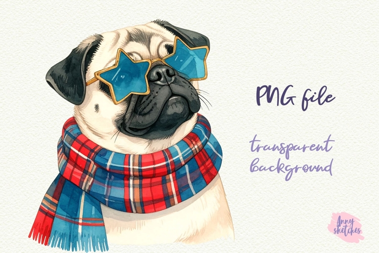 Vintage Christmas Pug Clipart Retro Christmas Dog PNG