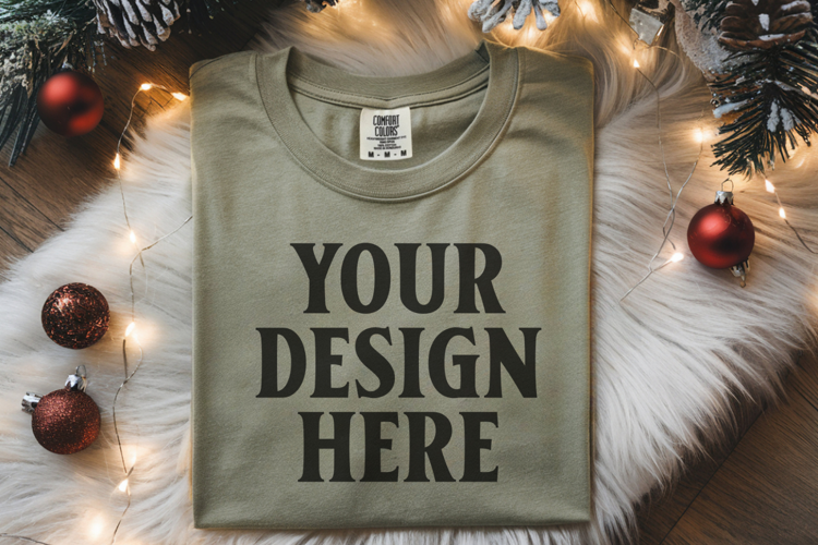Moss Comfort Colors 1717 Christmas Folded T-Shirt Mockup