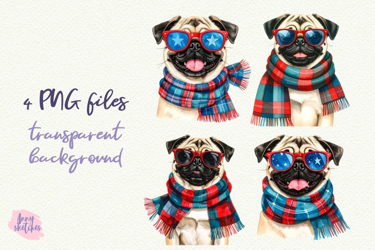 Vintage Christmas Pug Clipart Retro Christmas Dog PNG